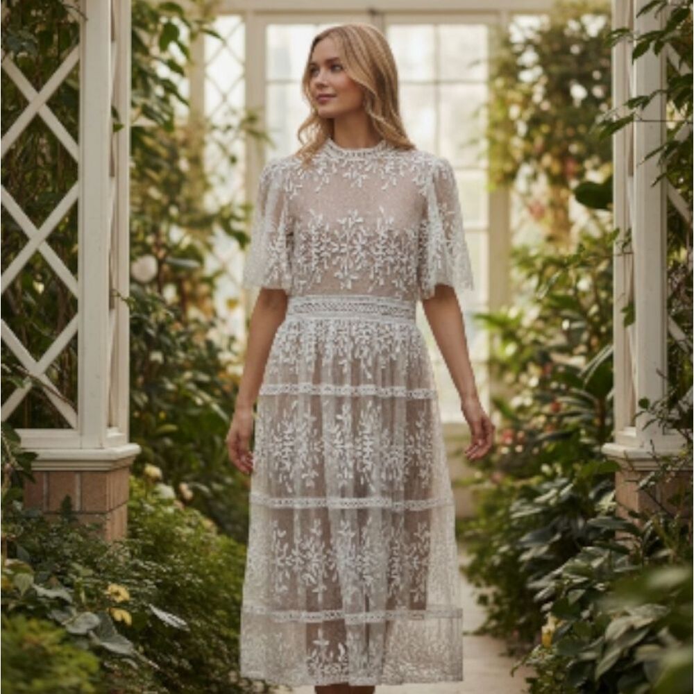 Ivy City Co Sicily Lace Midi Dress w/ SS30 Rhinestones & Faux Pearls